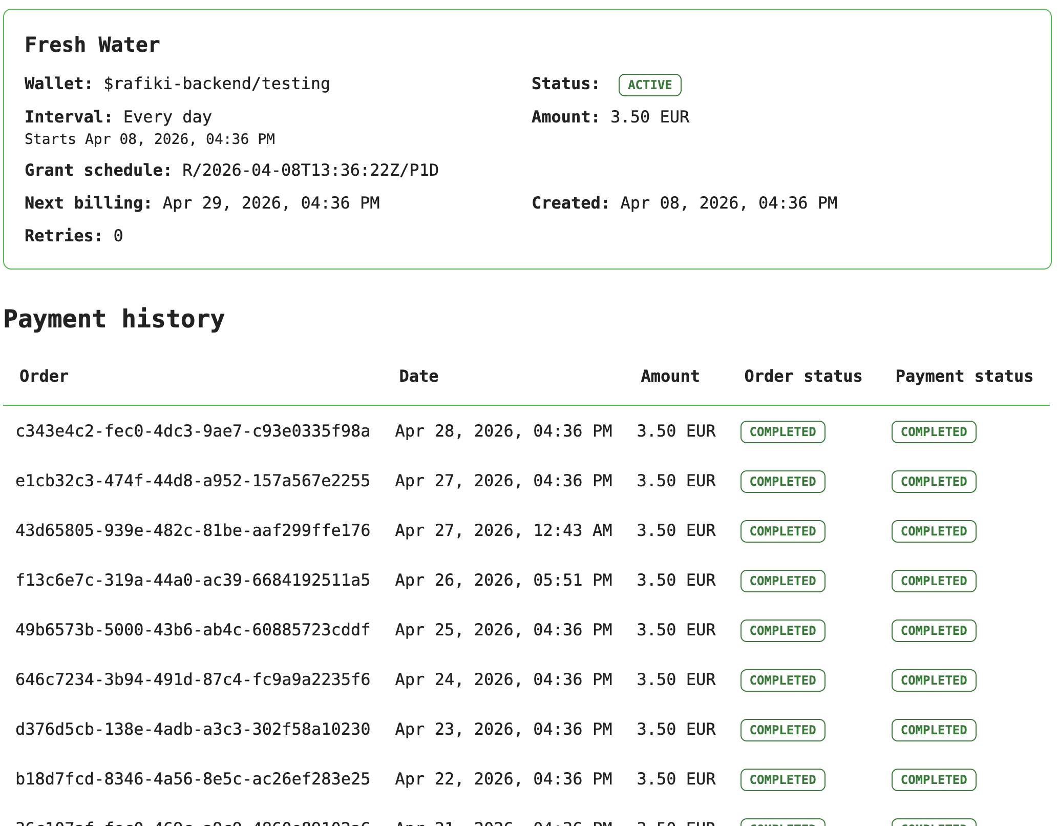 Subscription detail view with payments history