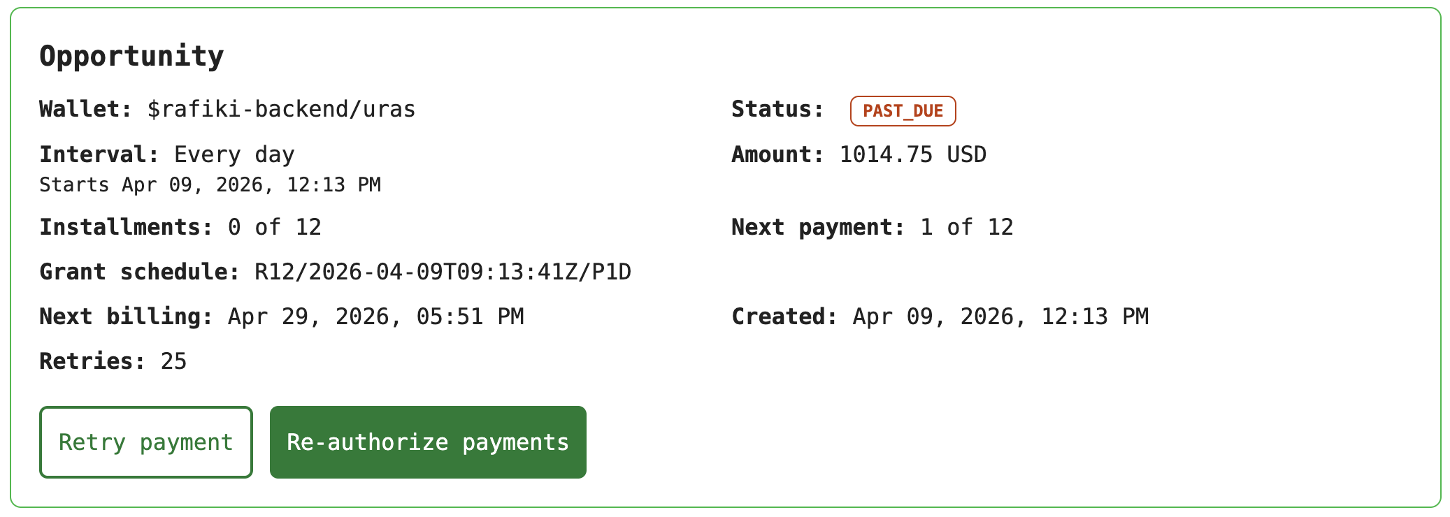 Subscription detail view in a PAST_DUE state with separate re-authorize and retry actions